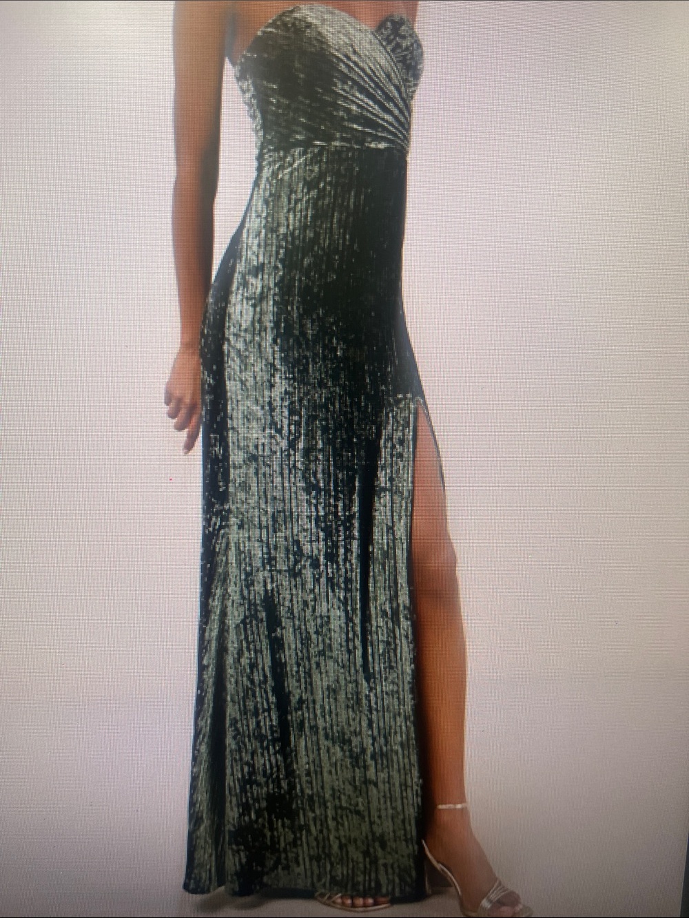 Lulu's Strapless Crushed Velvet Gown in Olive Green with Side Slit